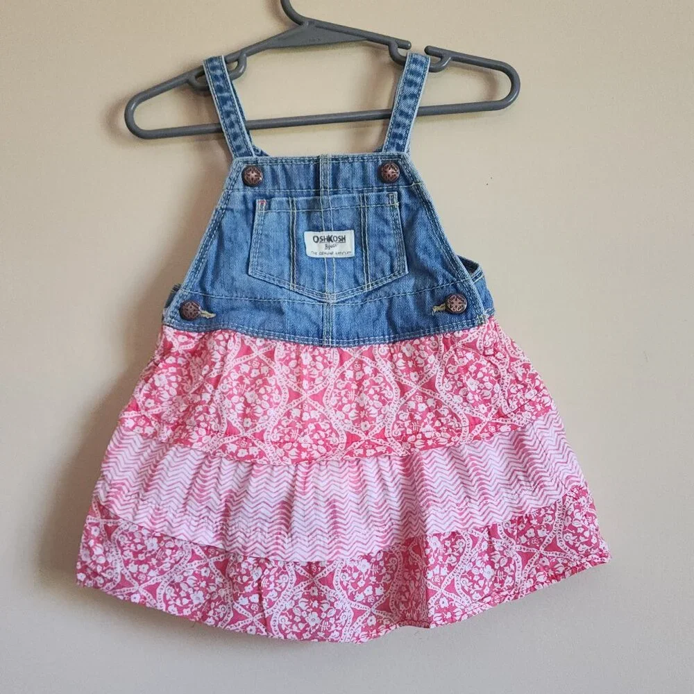 Oshkosh B'Gosh Jumper Dress Denim Pink White Floral Pocket Size 18 Months